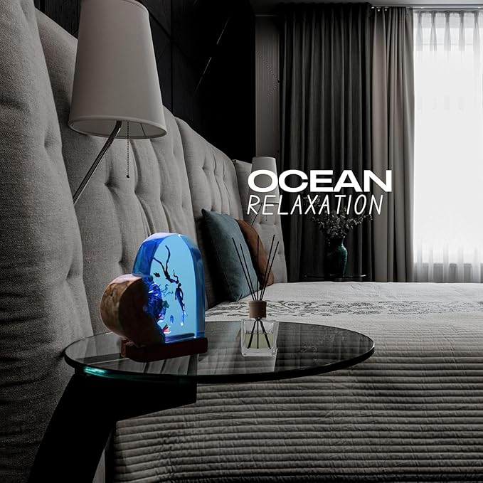 Handmade 3D Ocean Resin Lamp, Epoxy Ocean Night Light with Wooden Base, LED Color Changing Table Lamp, USB Powered Dragons Decor, Unique Ocean Gift for Bedroom & Home Office (Heart Shape) - Bloomnest