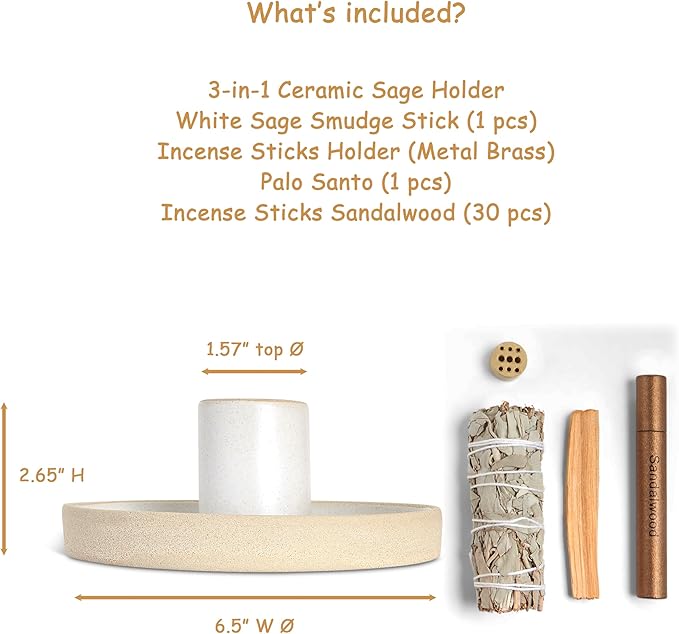 Ceramic Sage Holder for Burning 3 in 1 - Sage Smudge Kit - Incense Holder for Sticks - Palo Santo Holder - White Sage Burner - Altar Supplies Decor - White Sage, Palo Santo, Incense Sticks Included Amarcado