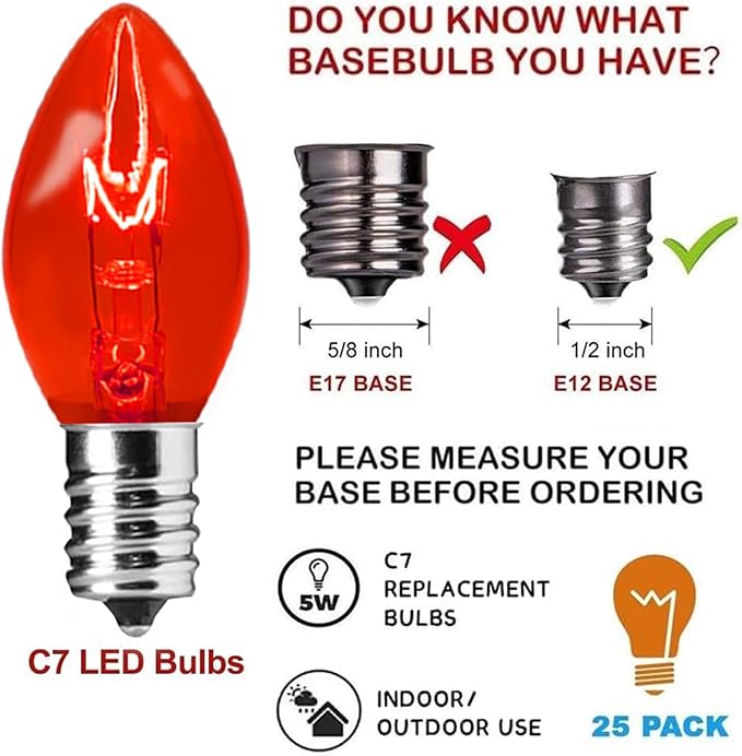 Couah C7 Christmas Light Bulbs C7 Clear Multi-Color Replacement Bulbs（25 Pack） C7 Ceramic Outdoor String Light Replacement Bulbs, C7/E12 Candelabra Base, 5 Watt - Bloomnest