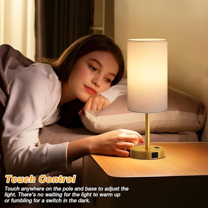 Touch Bedside Table Lamp with USB - 3 Way Dimmable Gold Lamp for Bedroom Nightstand, Desk Lamp with Charging Station for Dorm, Office, Kids Room, Living Room - Bloomnest