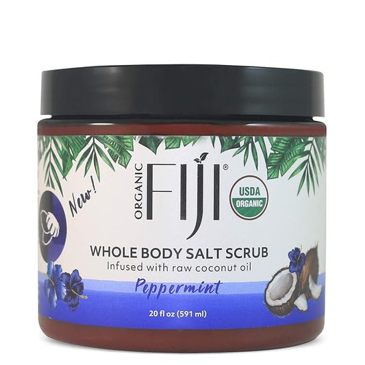 Organic Fiji Whole Body Scrub - Infused with Coconut Oil, Exfoliating Sea salt Scrub for Smooth and Soft Skin, Exfoliates & Restores Skin's Natural Biosphere, Peppermint 20 oz