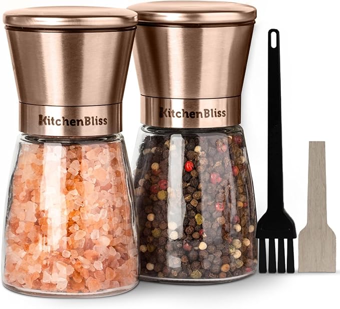Kitchen Bliss Premium Copper Stainless Steel Salt and Pepper Grinder Set - Short Glass Shakers - Adjustable Coarseness Mills - Refillable with Himalayan Salt, Black Peppercorn - Set of 2 - Bloomnest