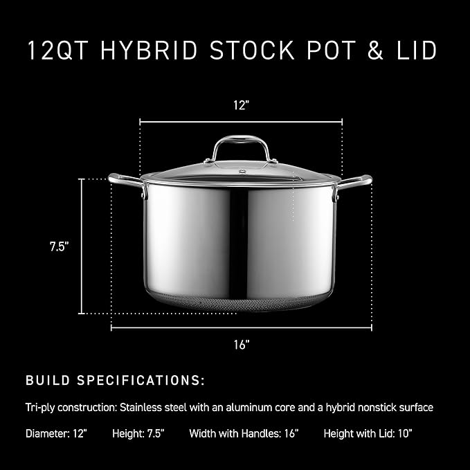 HexClad Hybrid Nonstick 12-Quart Stockpot with Tempered Glass Lid, Stay-Cool Handles, Dishwasher-Friendly, Oven-Safe Up to 900°F, Induction Ready, Compatible with All Cooktops - Bloomnest