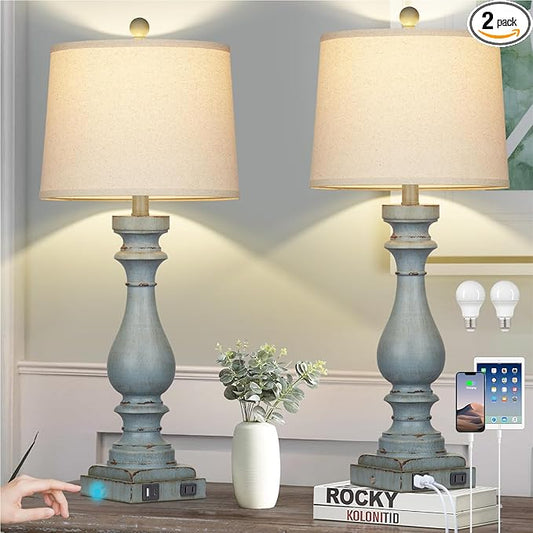 29" Tall Table Lamp for Living Room Set of 2,Coastal Bedside Nightstand Lamps with USB C+A Ports & AC Outlet,3-Way Dimmable Touch Control Retro Blue Desk Lamp for Bedroom,Color 3 - Bloomnest