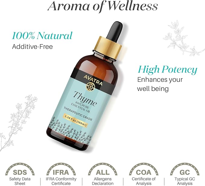 Avatra Thyme Essential Oil 100ML (3.38 OZ) with Glass Dropper and Travel Bottle, Pure and Natural Therapeutic Grade Thyme Oil for Diffuser, Aromatherapy, Massage, and DIY Candle Products - Bloomnest