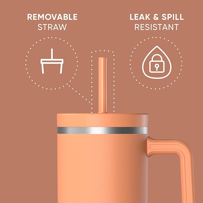 Hydrapeak Voyager 40 Oz Stainless Steel Tumbler with Handle, Insulated Water Bottle With Straw & Lid, Cupholder Friendly Reusable Travel Mug (Apricot Crush) - Bloomnest