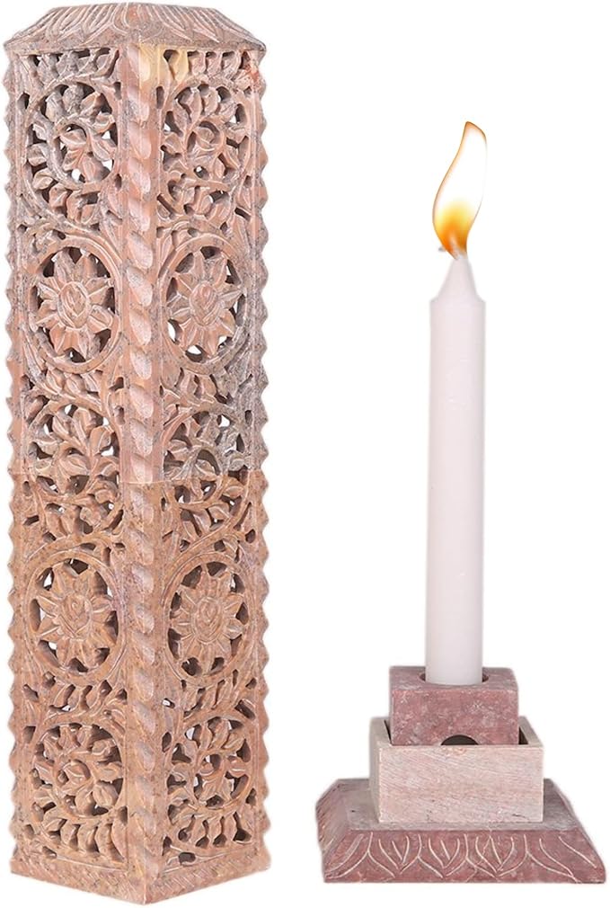 Carry Me Handmade Marble Soapstone Incense Stick Burner | Candle Stick Holder | Tea Light Stand - Floral Carving for Gifting. Decorative Incense Tower for Home and Office Decor. (3x3x11 Inches) - Bloomnest