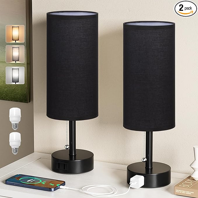 Fenmzee Black Bedside Table Lamps Set of 2-3 Color Temperatures Pull Chain Lamp with AC Outlet Charging Port, Round Night Stand Lamps for Bedroom Office, Small Bed Side Light with E26 LED Bulbs - Bloomnest
