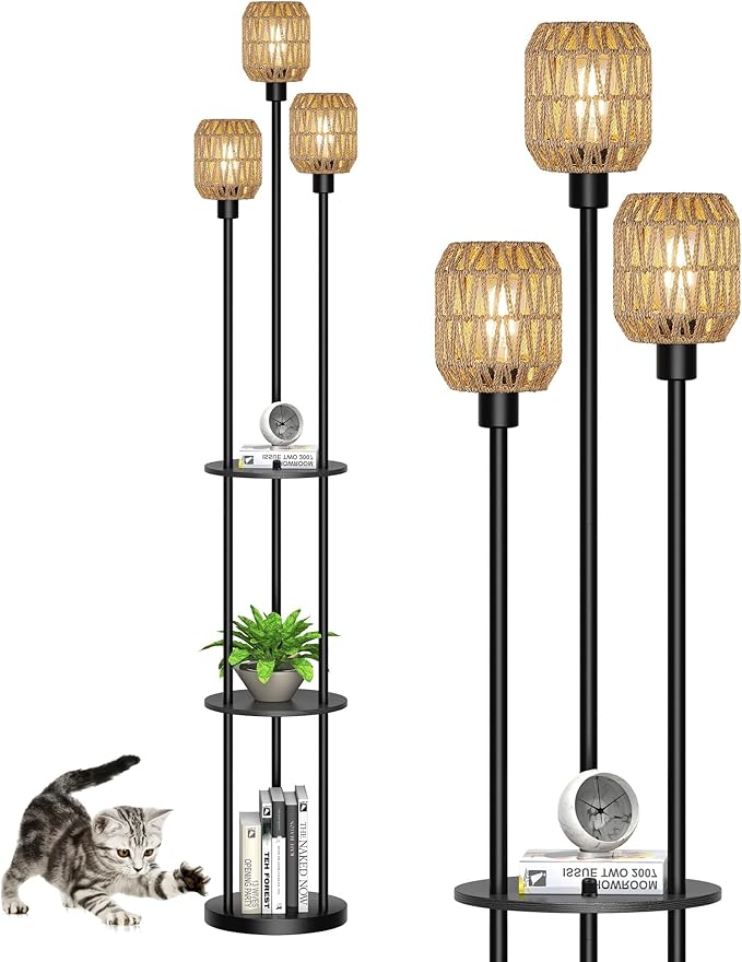 WIHTU 70" Boho Floor Lamp, Dimmable Rattan Floor Lamp with Shelves, 3 Lights Rustic Tall Lamps with Rotary Switch, Farmhouse Standing Lamps for Living Room, Bedroom，Office (Includes 3 Bulbs) - Bloomnest