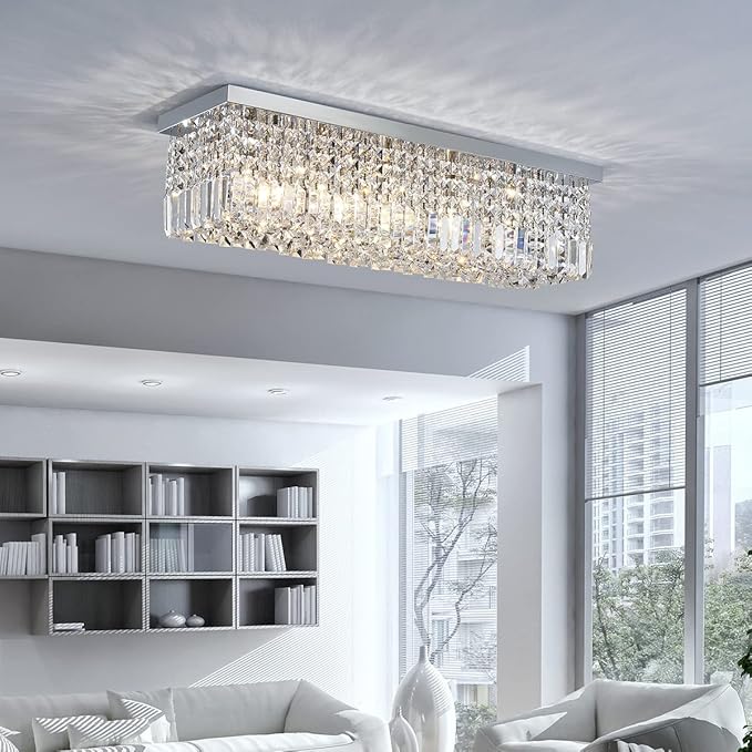 Saint Mossi 5-Lights Modern K9 Crystal Chandelier Light Fixture, Flush Mount Chandelier for Dinning Room, H9 x W10 x L31, Clear Crystal & Chrome Finish - Bloomnest