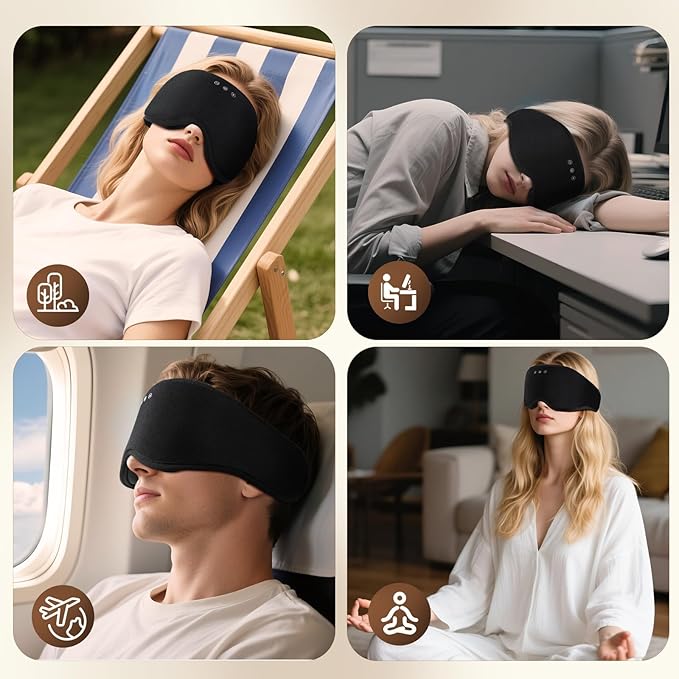 Sleep Eye Mask with Wireless Headphones - 29 Soothing White Noise Sounds, 3D Zero Pressure Eye Maks for Women & Men, Blackout Sleeping Masks for Side Sleeper, Removable Eye Cover (Black) - Bloomnest