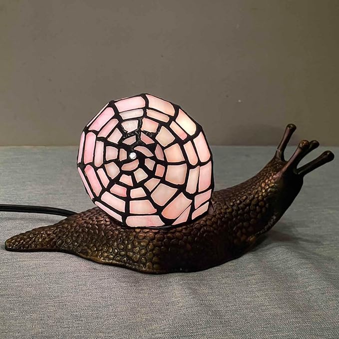 Bieye L10962 Land Snail Tiffany Style Stained Glass Accent Table Lamp for Home Decoration (Pink, 10" D x 5" W x 5" H) - Bloomnest