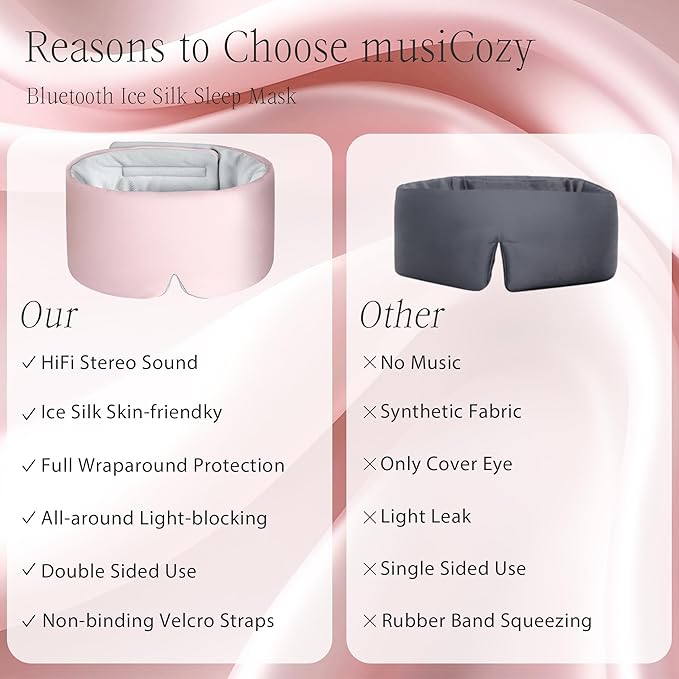 MUSICOZY Ice Silk Sleep Headphones with Bluetooth Mask, Eye Mask for Sleeping in Total Darkness, 5.4 Bluetooth Sleep Mask Sleep Headphones, Soft, Gifts for Men Women (Pink) - Bloomnest