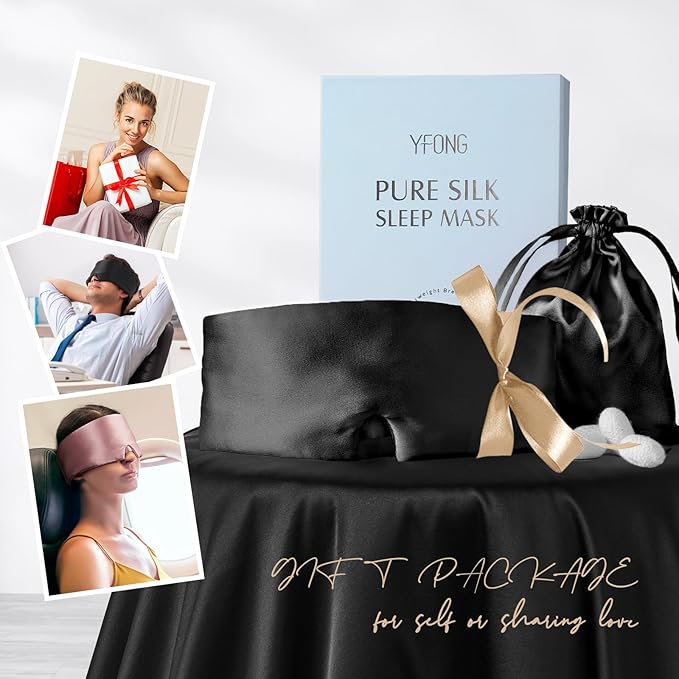 YFONG 100% Mulberry Silk Sleep Mask, Total Blackout Eye Mask for Women & Men, 22 Momme 6A Grade Silk with Adjustable Band Designed for Side Sleeper Black - Bloomnest