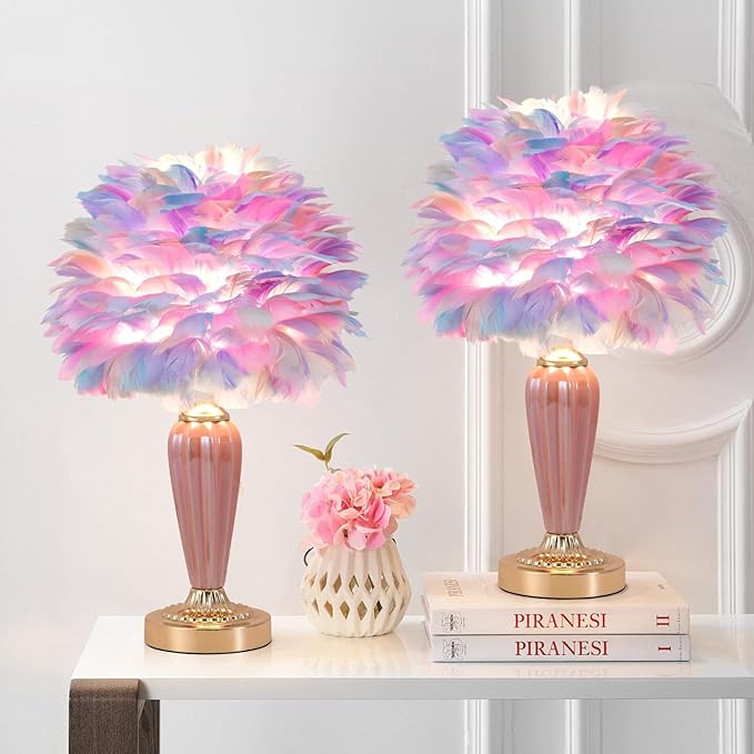 Colorful Feather Lamp Fluffy Table Lamp Furry Bedside Lamp Romantic Princess Lights Goose Feather Night Light for Bedroom Wedding Decor Valentines Dating Livingroom Hotel Office - Bloomnest