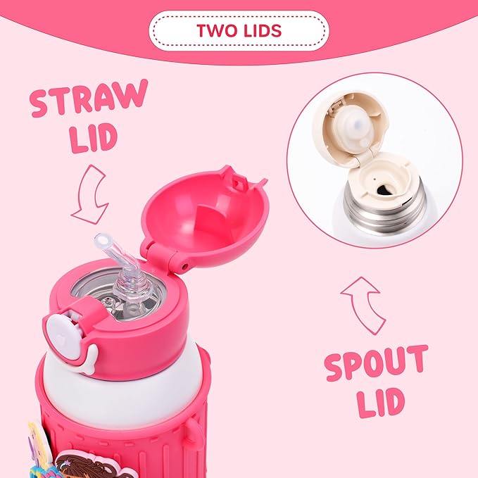 Kids Insulated Tumbler Set – 16oz Stainless Steel Water Bottle with Straw & Pour Lids, Screw-On Cup, Adjustable Strap, Silicone Sleeve & Charms – Leakproof BPA-Free Bottle for Boys & Girls - Bloomnest