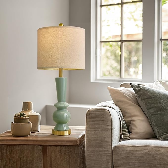 PORTRES 27" Modern Ceramic Table Lamp Set of 2 for Living Room Green & Gold Bedside Lamps for Bedroom Nightstand Lamp Tall End Table Lamps - Bloomnest
