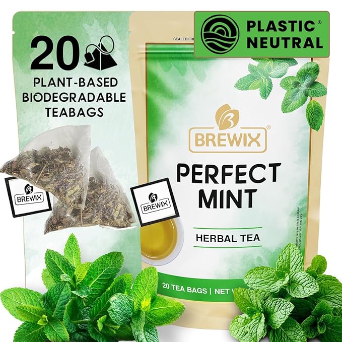 BREWIX, Perfect Mint Tea (20 Pyramid Tea Bags) | Soothing Mint Blend for Digestion Support & Daily Calm | Calming, Fresh and Cool | Caffeine Free Herbal Tea | No Sugar & No Caffeine | Spearmint and Peppermint - Bloomnest