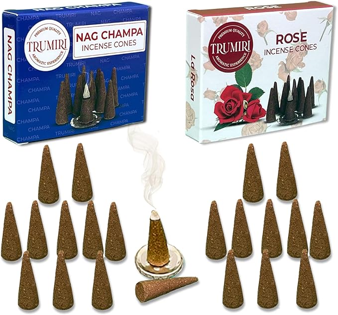 TRUMIRI Incense Cones - Combo Pack of 20 Cone Incense - Nag Champa & Rose Scents TRUMIRI