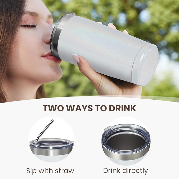 MEWAY 20oz Tumbler 12 Pack Double Wall Vacuum Insulated Travel Glitter Mug Bulk, Stainless Steel Tumblers with Lid and Straw, Powder Coated Coffee Cups for Woman(Rainbow White,Set of 12) - Bloomnest
