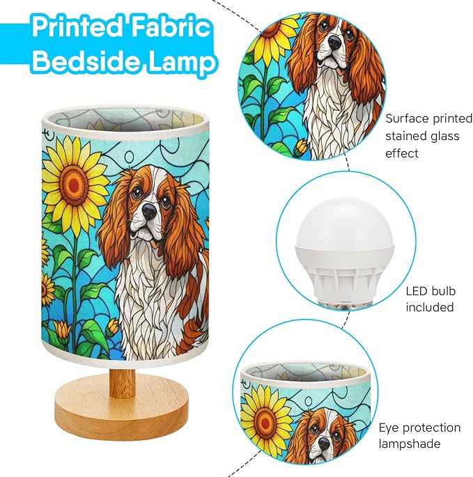 Cavalier King Table Lamp LED 3-Color Pressed Bedside, Dog Shade Lamp with Wood Base for Bedroom Living Room Desk Office - Bloomnest