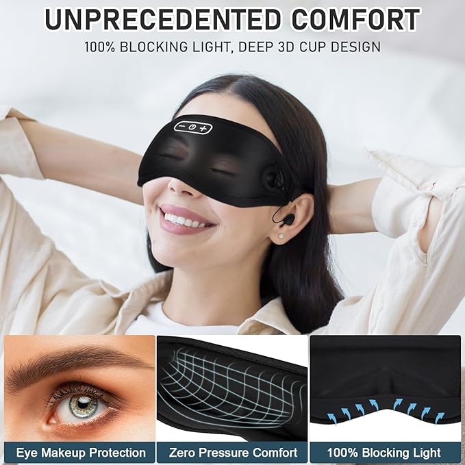 White Noise Sleep Mask, Breathable 3D Soft Eye Mask with Earplugs for Side Sleepers, Blackout 3D Contoured Eye Cover with Adjustable Strap for Women Men, no Bluetooth, no APP(Black) - Bloomnest
