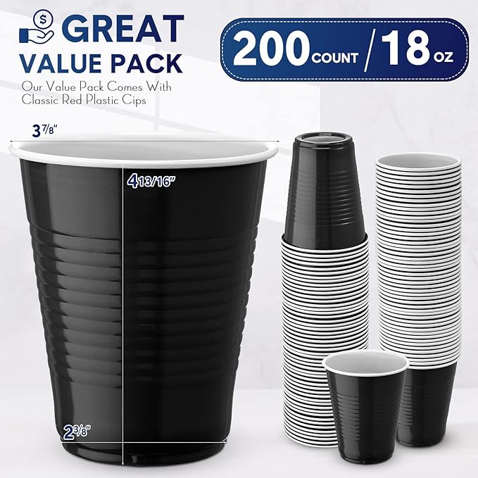 Zopeal 200 Pcs Plastic Cup Bulk 18 oz Disposable Tumblers Wedding Hard Plastic Party Wine Cups Fancy Beverage Drinking Soda Cocktail Glasses for Wedding Birthday Christmas(Black) - Bloomnest