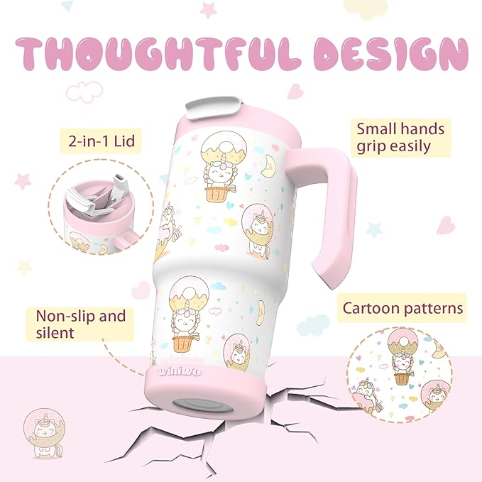 22 oz Tumbler with Handle for Kids, Easy to Hold, Spill-proof, Insulated Cups with Sip/Swig 2-in-1 Lid, Fit Most Car Cup Holders,School, Home,travel,Pink Unicorn - Bloomnest