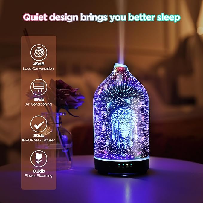 3D Glass owl Aromatherapy Diffuser 160ml ultrasonic Cool Mist Scent Aroma Essential Oil Diffuser Humidifier with Intermittent Mist & LED 7 Colorful Changing Night Light for Bedroom Home inrorans