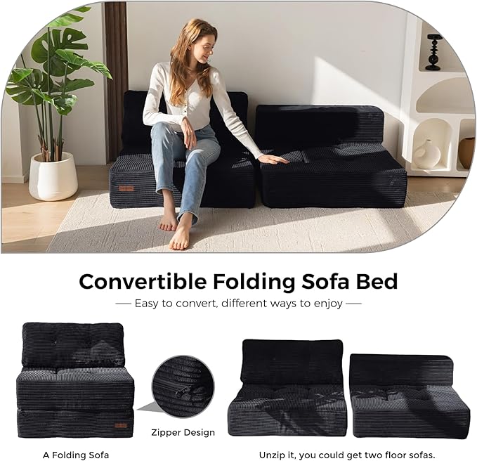 MAXYOYO Folding Sofa Bed, Convertible Sofa Bed with High-Density Support Foam, Portable 4 in 1 Fold Out Chair to Floor Lounger, Versatile Floor Couch for Living Room Bedroom, Black - Bloomnest