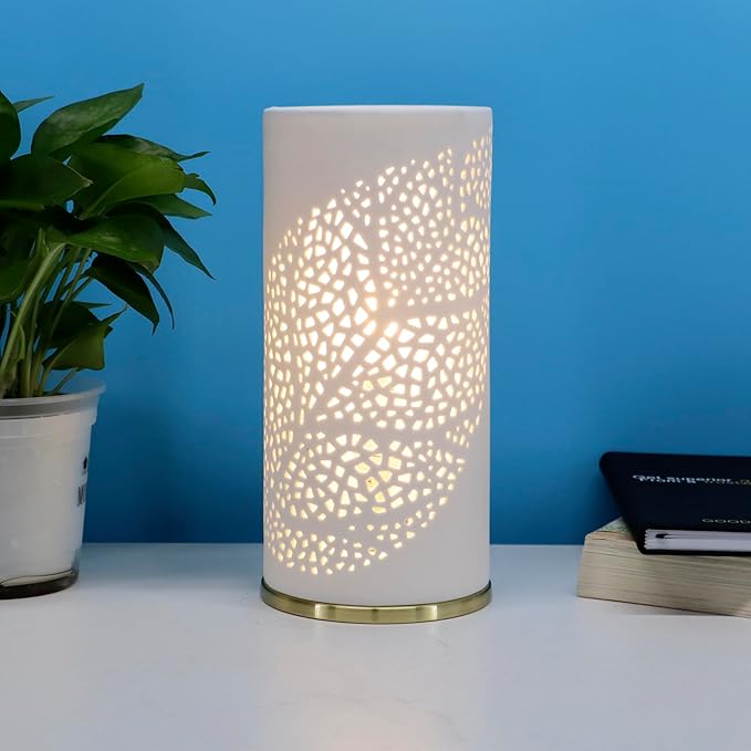 Small Modern Ceramics Bedside Table Lamp, 4.5 x 4.5 x 9.75 Inch White Olive Leaf Style Nightstand Lamps, Side Table Lamps for Bedroom Living Room Entryway Table Light