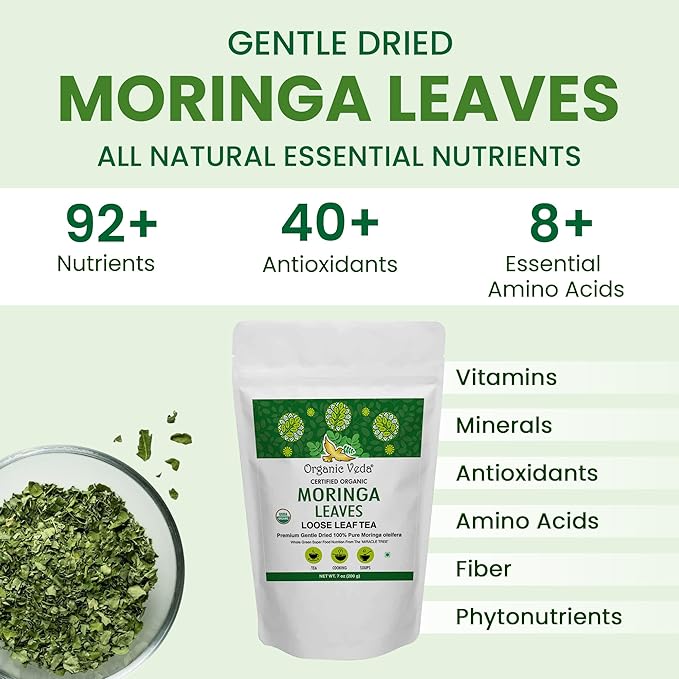 Organic Veda Moringa Tea Leaves - 100% Organic Dried Leaves - Moringa Oleifera Loose Leaf for Herbal Tea - Antioxidants Rich, Naturally Boosts Energy, Supports Digestion & Immune System - 7oz - Bloomnest