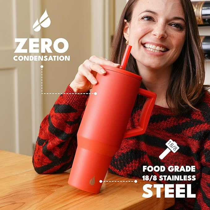 Elemental 40 oz Tumbler with Handle and Straw - Spill Proof Insulated Stainless Steel Commuter for Hot and Cold Beverages - Travel Coffee Mug with 2 Straws & Spill Proof Lid - 40oz - Red - Bloomnest