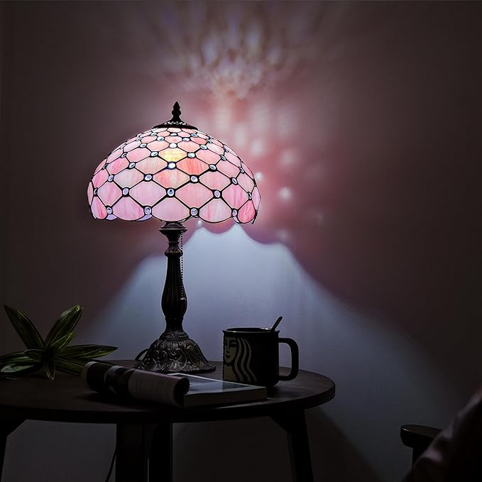 Tiffany Lamp Vintage Pink Stained Glass Bead Table Lamp Desk Bedside Reading Light Decor Bedroom Living Room Home Office D12*H18 Inches - Bloomnest