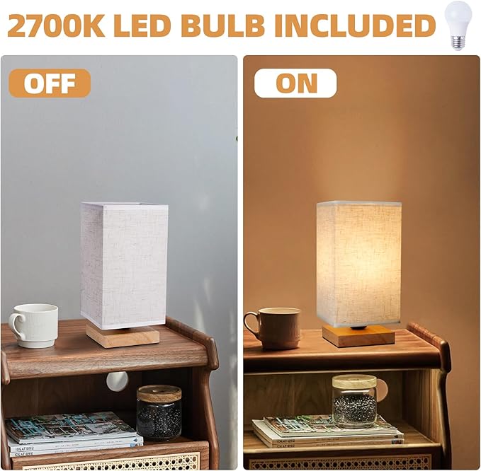Small Square Bedside Table Lamp for Bedroom, Minimalist Wood Base & Round Fabric Shade, Mini Cute Cozy Warm Nightstand Boho Lamp, Study Desk Night Stand Light for Room, Dorm, Nursery, Living Room - Bloomnest