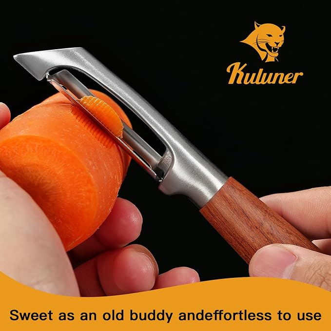 KU LUNER Premium 304 Stainless Steel Multifunctional Kitchen Fruit and Vegetable Peeler with Real Wood Handle，Ultra Sharp Strong Blade - Bloomnest