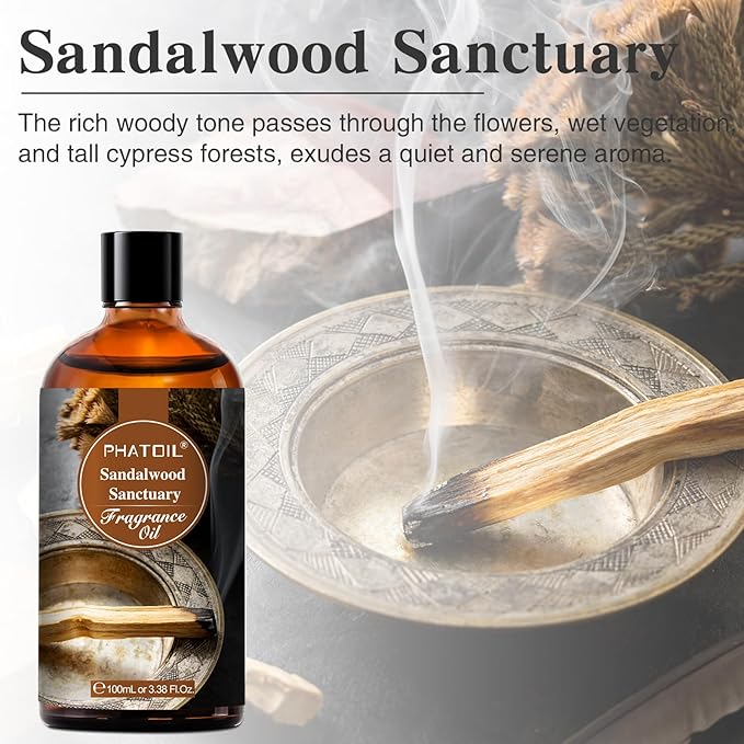 PHATOIL Sandalwood Sanctuary Fragrance Oils for Aromatherapy, 3.38FL.OZ Diffuser Oils for Home, Perfect for Aromatherapy, Humidifiers, Yoga, DIY Candle and Soap Making - 100ml - Bloomnest
