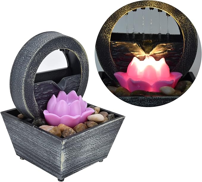 Tabletop Fountain, 3V 16.5x11.5x11.5cm Plastic Flower Tabletop Water Fountain, Home Decor with Stones LED Lights for Home Office Indoor Spaces Decor