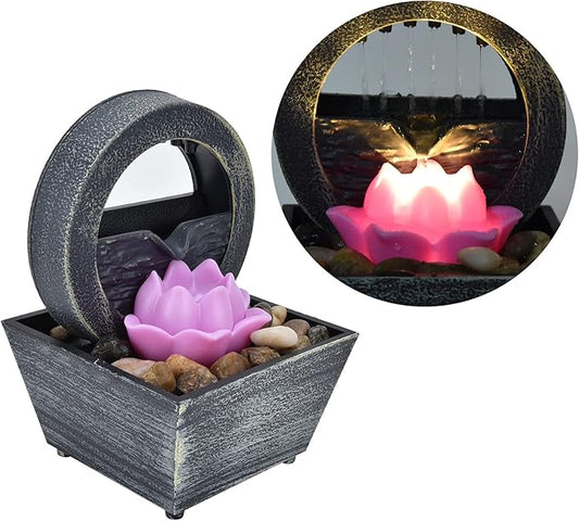Tabletop Fountain, 3V 16.5x11.5x11.5cm Plastic Flower Tabletop Water Fountain, Home Decor with Stones LED Lights for Home Office Indoor Spaces Decor