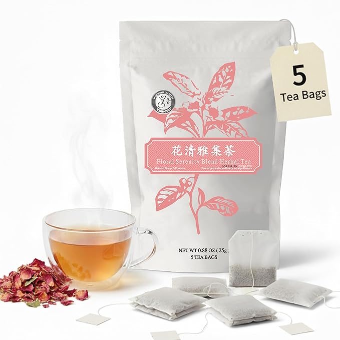 Herb Guru Floral Serenity Blend Herbal Tea, natural Herbal With Rose, Honeysuckle, Chrysanthemum, and Licorice Root, Herb Infusion & Relaxing Beverage, Includes 5 natural Tea Bags for Mindful Sipping