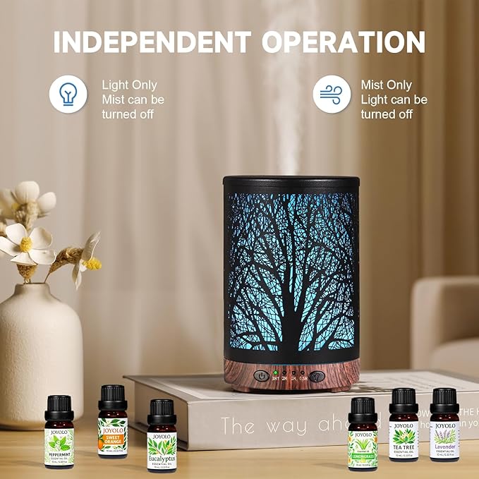 Oil Diffuser with Essential Oils Set, Aromatherapy Diffuser with 7 Color Lights and Auto Shut-Off, Cool Mist Diffuser with 6 Oils Gift Pack for Home Office (Tree with Oils) - Bloomnest