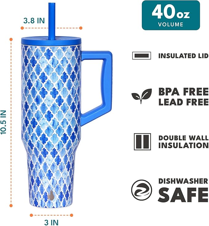 Elemental 40 oz Tumbler with Handle and Straw - Spill Proof Insulated Stainless Steel Commuter for Hot and Cold Beverages - Travel Coffee Mug with 2 Straws & Spill Proof Lid - 40oz - Blue Tile - Bloomnest