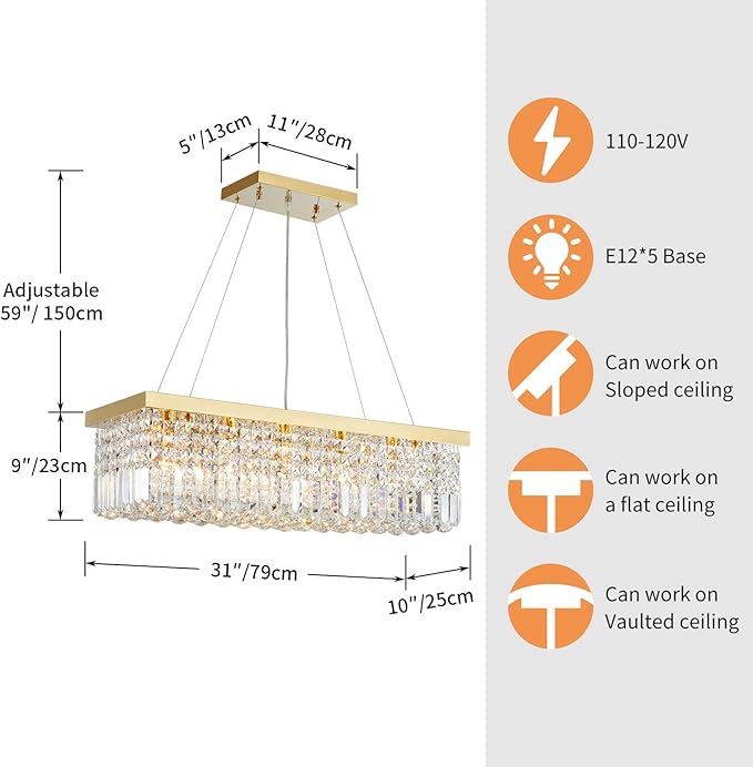 Saint Mossi 5-Lights K9 Crystal Chandelier for Dining Room, Rectangular Pendant Light Fixture for Kitchen Island, Raindrop Chandelier, H9 x W10 x L31, Chain Adjustable - Bloomnest
