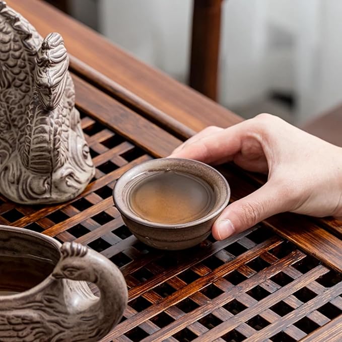 Chinese Gongfu Tea Set - Ceramic Teapot with Infuser, 8 Cups, Semi Automatic Dragon Design for Loose Leaf Tea