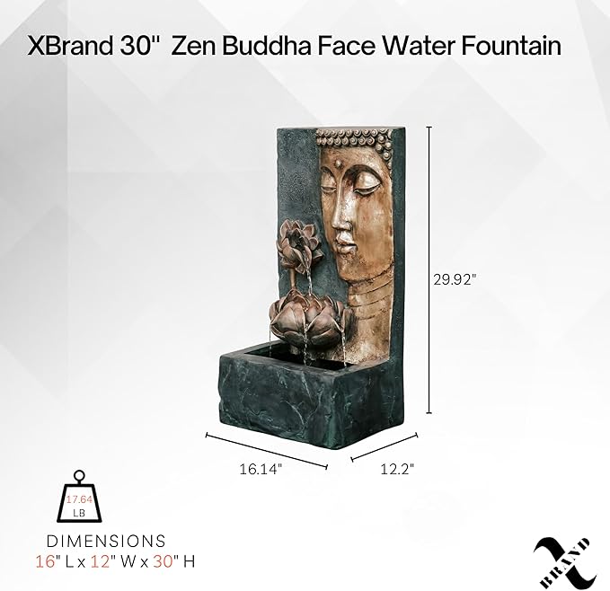 XBrand 30" Indoor/Outdoor Buddha Face Water Fountain with LED Light and Pump Zen Decor for Home, Office, Garden, and Patio