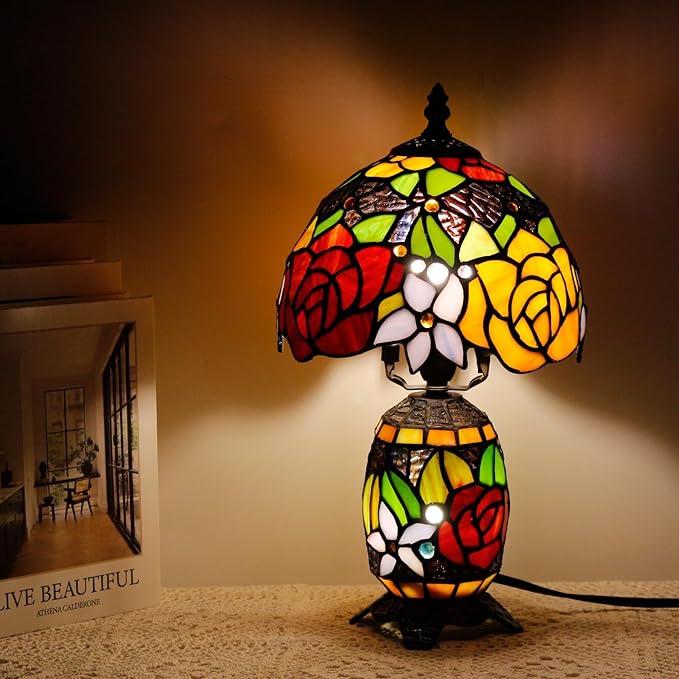 Small Tiffany Lamp Stained Glass Table Lamp Mini Mother Daughter Vase Desk Accent Night Light for Bedroom Bedside Reading Home Antique Style 8X14 Inches (Red Yellow) - Bloomnest