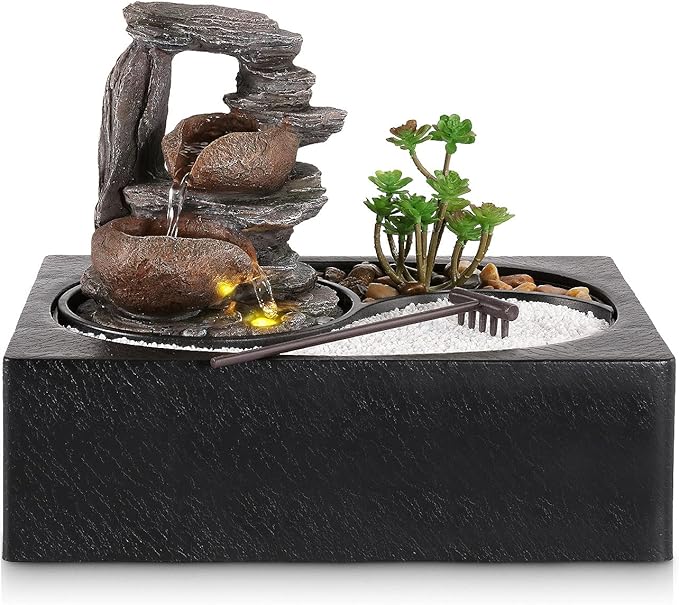 WICHEMI Water Fountains Indoor Waterfall Fountain Tabletop Fountain with LED Light Water Feature Indoor Zen Meditation Relaxation Desktop Fountains for Home and Office Indoor Spaces Decor