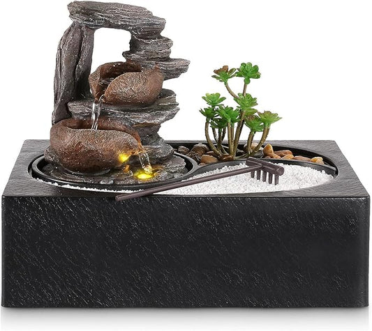 WICHEMI Water Fountains Indoor Waterfall Fountain Tabletop Fountain with LED Light Water Feature Indoor Zen Meditation Relaxation Desktop Fountains for Home and Office Indoor Spaces Decor