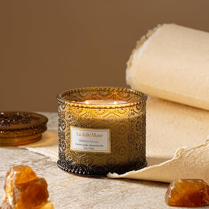 LA JOLIE MUSE Sahara Amber Candle – Bergamot, Clove & Amber | 12 oz Large 2-Wick Soy Wax Candle | 60 Hours Clean Burn | Gift-Ready for Hosts & Gatherings | Elegant Home Décor - Bloomnest