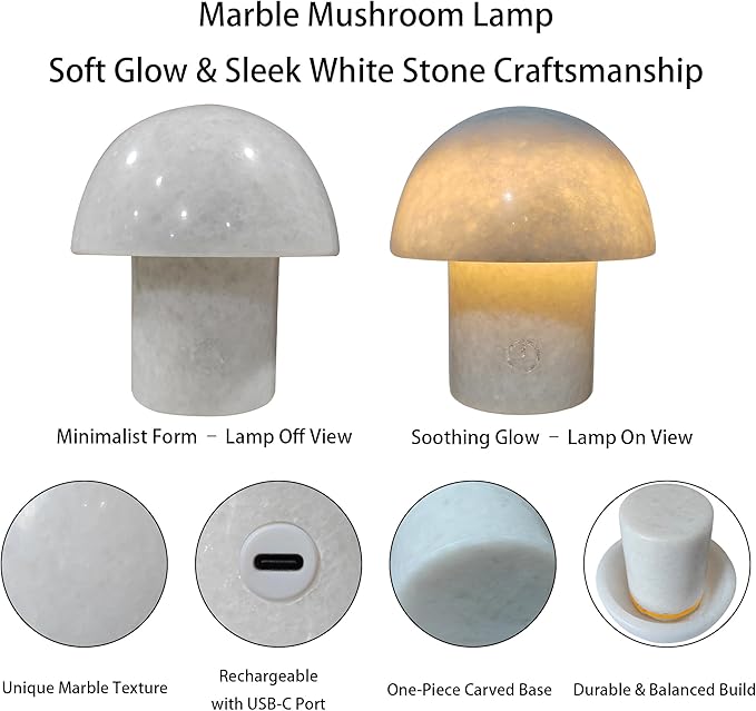 Rechargeable Mushroom Night Light - Dimmable Natural Marble Stone Table Lamp, LED Touch Light for Bedside, Meditation, Entryway, Gift Idea - Bloomnest